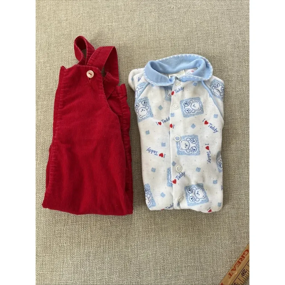 Vintage 70s Lot of 2 Red Corduroy Bib Overalls 6 mths Babygro Baby Sleeper Pjs